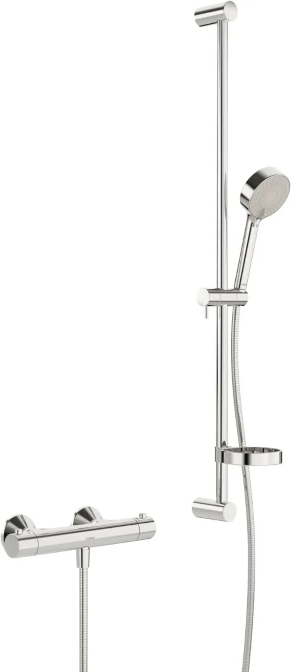 Brausegarnitur mit einer Handbrause, Halterung und einem Thermostat. Aus verchromtem Material. Design von HANSA, geeignet für die Wandmontage im Badezimmer.